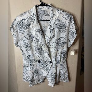 Vintage Nicola Black White Scenic Print Shoulder Pad Blouse NWT USA 14